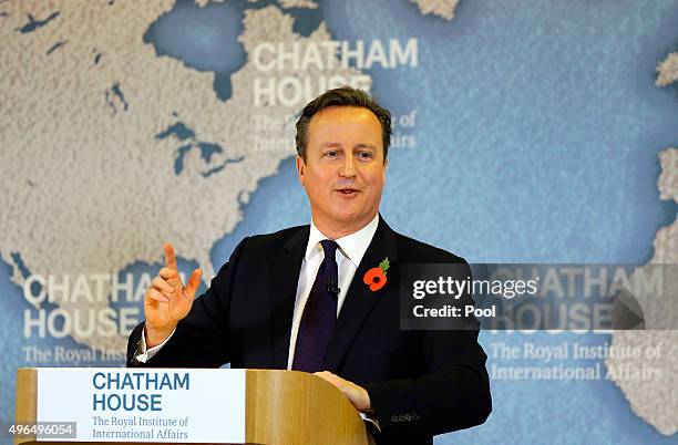 Britain's Prime Minister David Cameron delivers a speech on EU reform and the UKs renegotiation at Chatham House on November 10, 2015 in London,...