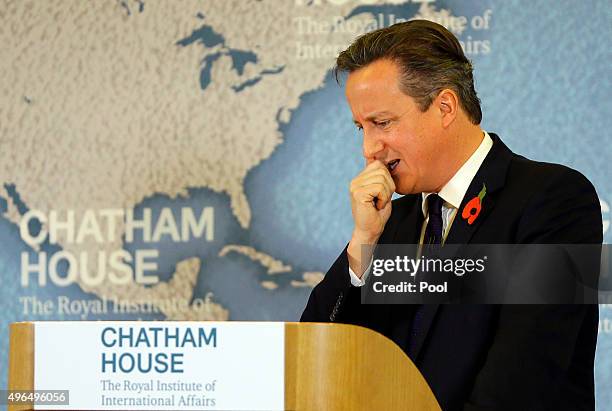 Britain's Prime Minister David Cameron thinks during a question and answer session after he delivers a speech on EU reform and the UKs renegotiation...