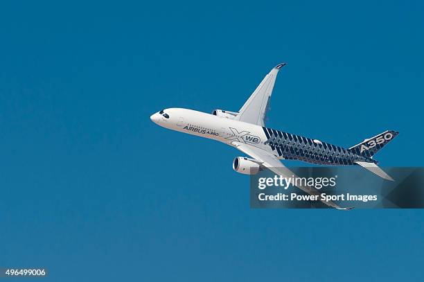 Airbus A350 XWB aircraft, manufactured by Airbus SAS, performs an aerial display during the Dubai Airshow 2015 on November 9, 2015 in Dubai, United...