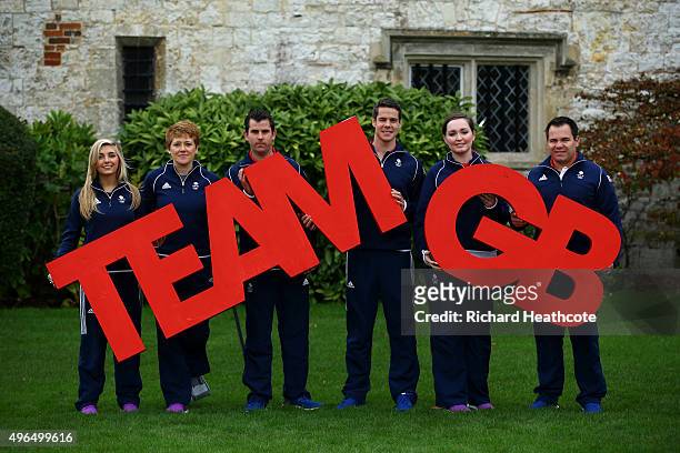 Amber Hill, Elena Allen, Ed Ling, Tim Kneale, Jennifer McIntosh and Steve Scott pose for a picture during the Team GB announcement of the Shooting...