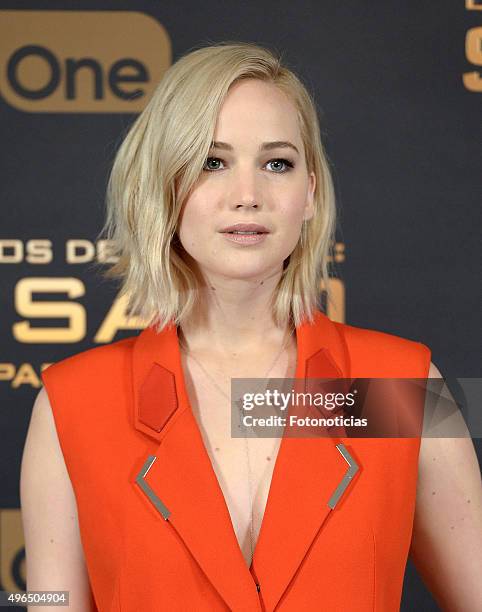 Actress Jennifer Lawrence attends a photocall for 'The Hunger Games: Mockingjay - Part 2' at the Villamagna Hotel on November 10, 2015 in Madrid,...