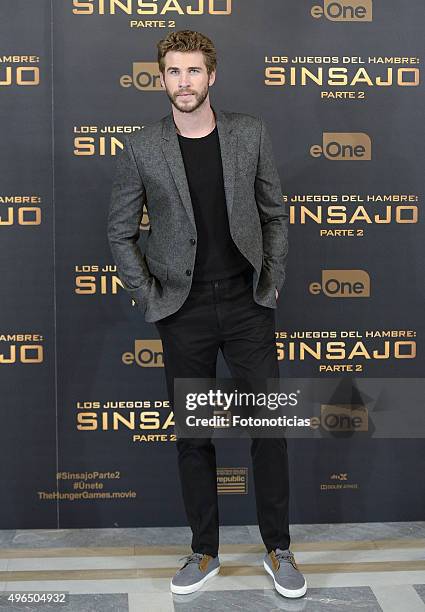 Actor Liam Hemsworth attends a photocall for 'The Hunger Games: Mockingjay - Part 2' at the Villamagna Hotel on November 10, 2015 in Madrid, Spain.