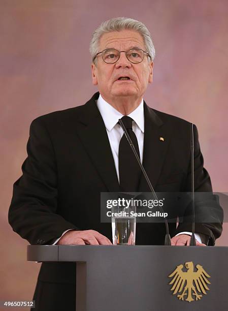 German President Joachim Gauck gives a statement to the media following news earlier in the day that former German Chancellor Helmut Schmidt has died...