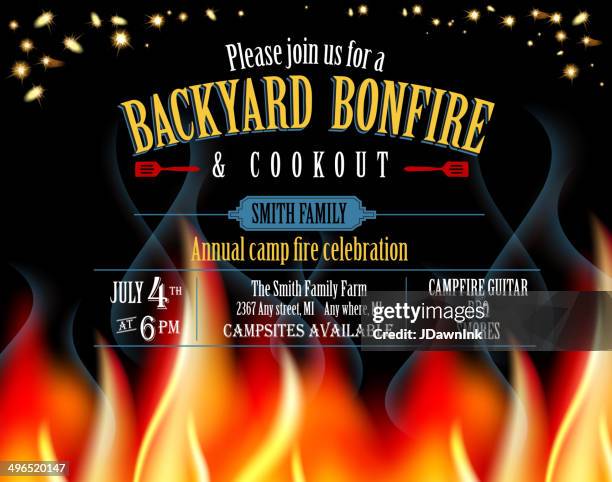 horizontal backyard bonfire and cookout invitation design template - potluck stock illustrations