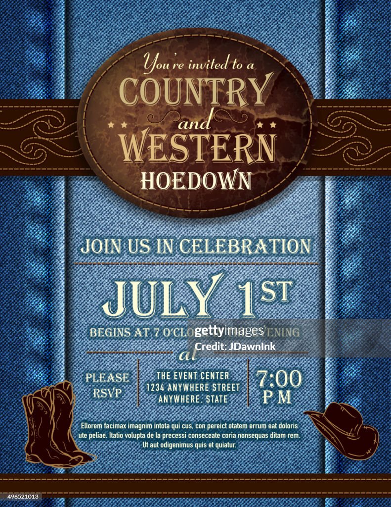 País y occidental vaquero cuero hoedown y diseño de plantilla de la invitación