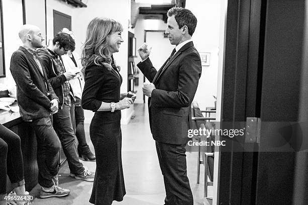 Episode 285 -- Pictured: Comedian Kathy Griffin talks with host Seth Meyers backstage on November 9, 2015 --