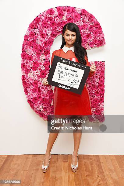 Selena Gomez poses for a photo at the backstage inspiration wall at the 2015 Glamour Women of the Year Awards at Carnegie Hall on November 9, 2015 in...