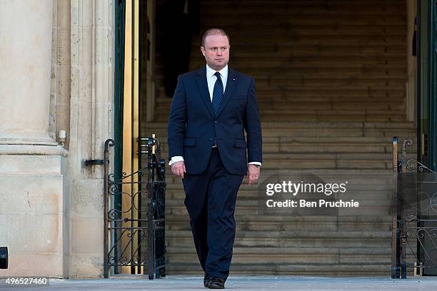 Prime Minister of Malta Joseph Muscat departs the Auberge de Castille ahead of the Valletta Summit on migration on November 10, 2015 in Valletta,...