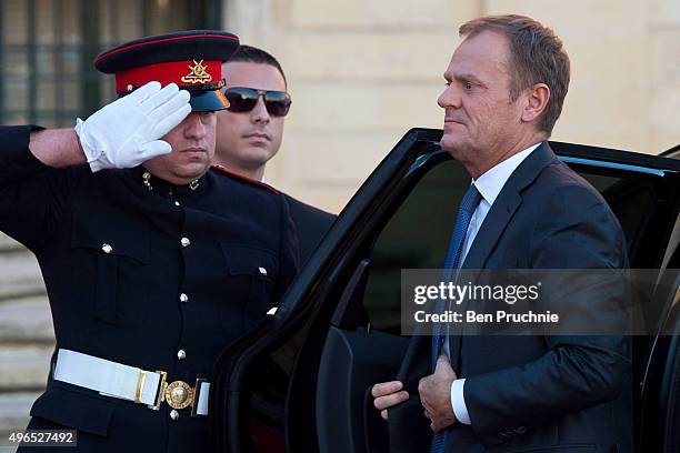 President of the European Council Donald Tusk arrives at the Auberge de Castille ahead of the Valletta Summit on migration on November 10, 2015 in...