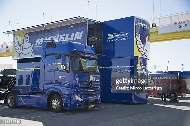 Michelin staff work in paddock during the first day of MotoGp Tests In Valencia at Ricardo Tormo Circuit on November 10, 2015 in Valencia, Spain.