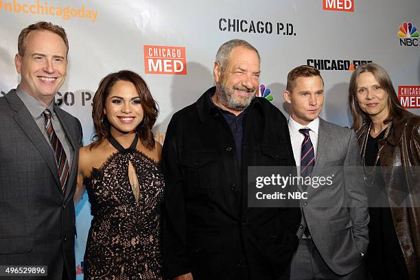 Chicago Celebration Party" -- Pictured: Robert Greenblatt, Chairman, NBC Entertainment; Monica Raymund, "Chicago Fire"; Dick Wolf, Executive...