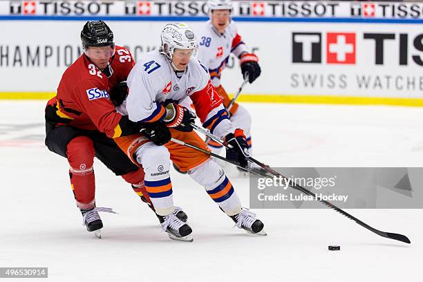 Lennart Petrell of Lulea Hockey chasing Alexander Bonsaksen of Tappara Tampere during the Champions Hockey League round of eight game between Lulea...