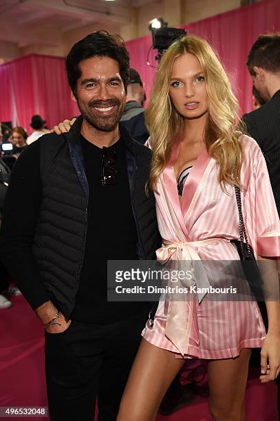 Shoe designer Brian Atwood and Romee Strijd are seen backstage before the 2015 Victoria's Secret Fashion Show at Lexington Avenue Armory on November...