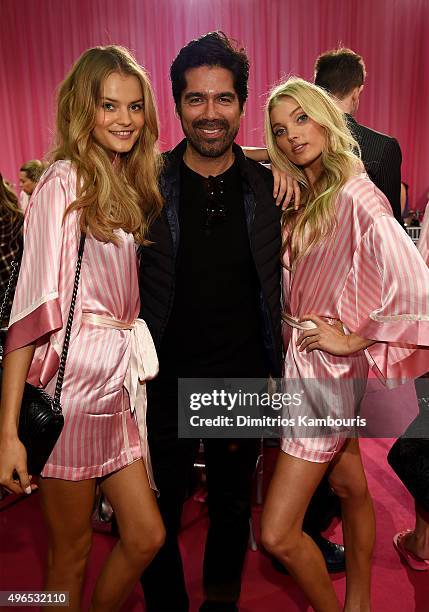 Kate Grigorieva, shoe designer Brian Atwood and Elsa Hosk are seen backstage before the 2015 Victoria's Secret Fashion Show at Lexington Avenue...