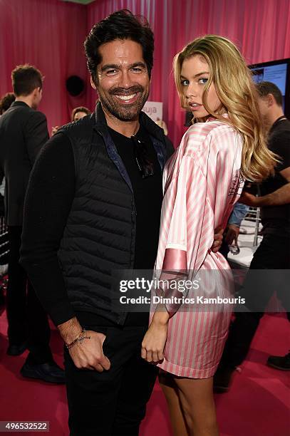 Shoe designer Brian Atwood and Stella Maxwell are seen backstage before the 2015 Victoria's Secret Fashion Show at Lexington Avenue Armory on...