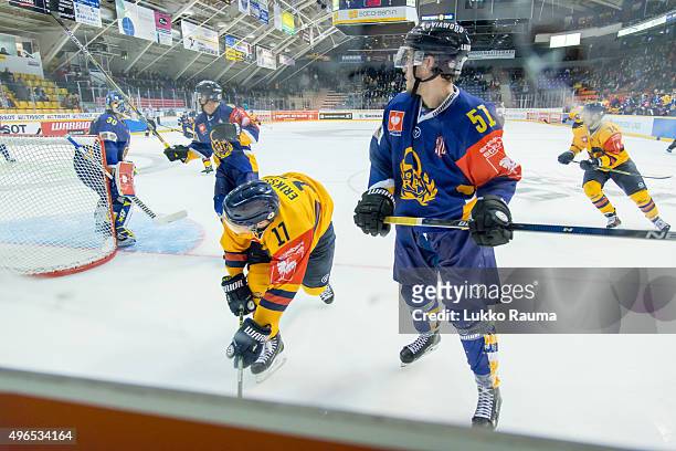 Jesse Virtanen clears the puck during the Champions Hockey League round of eight game between Lukko Rauma and Djurgarden Stockholm at Kivikylan...