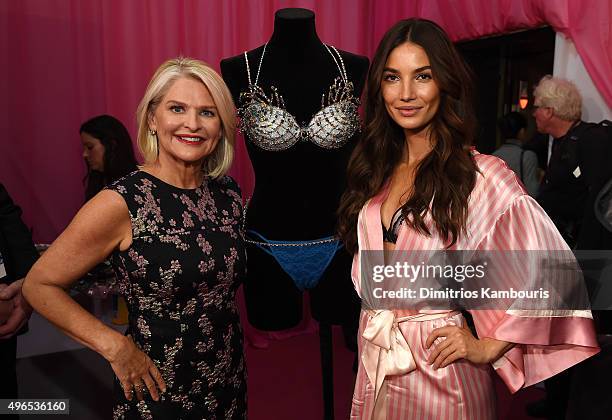 Victoria's Secret CEO Sharen Turney and Lily Aldridge backstage before the 2015 Victoria's Secret Fashion Show at Lexington Avenue Armory on November...