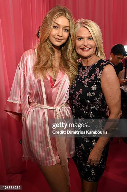 Victoria's Secret CEO Sharen Turney and Gigi Hadid are seen backstage before the 2015 Victoria's Secret Fashion Show at Lexington Avenue Armory on...