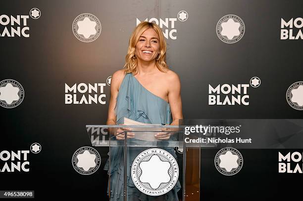 Actress Sienna Miller speaks during The 24th Montblanc De La Culture Arts Patronage Award honoring Peter M. Brant at Kappo Masa on November 10, 2015...