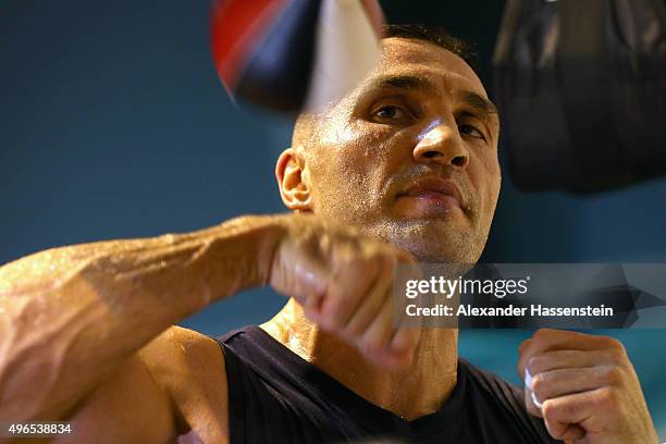 Wladimir Klitschko at the punchball during a training session at Hotel Stanglwirt on November 10, 2015 in Going, Austria. The Heavyweight title clash...