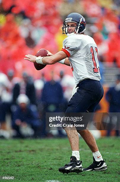 Mike Groh of the Virginia Cavaliers gets ready to pass the ball during the game against the Clemson Tigers at the Memorial Stadium in Clemson, South...