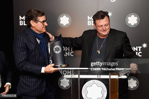 Honoree Peter M. Brant and Artist Urs Fischer speak during The 24th Montblanc De La Culture Arts Patronage Award at Kappo Masa on November 10, 2015...