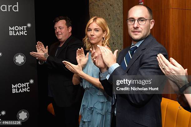 Artist Urs Fischer and Sienna Miller attend The 24th Montblanc De La Culture Arts Patronage Award honoring Peter M. Brant at Kappo Masa on November...