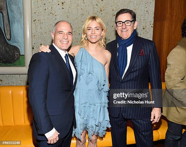 Mike Giannattasio, Sienna Miller, and honoree Peter M. Brant attend The 24th Montblanc De La Culture Arts Patronage Award at Kappo Masa on November...