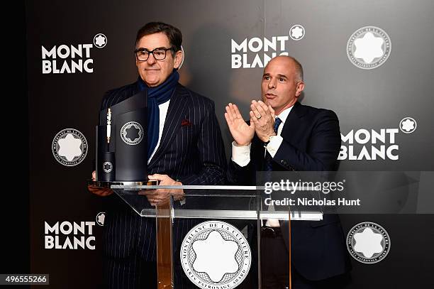 Honoree Peter M. Brant and Chief Executive and President of Montblanc North America Mike Giannattasio speak during The 24th Montblanc De La Culture...