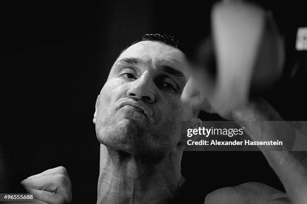 Wladimir Klitschko at the punchball during a training session at Hotel Stanglwirt on November 10, 2015 in Going, Austria. The Heavyweight title clash...