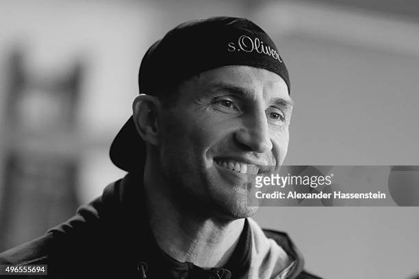 Wladimir Klitschko looks on after a training session at Hotel Stanglwirt on November 10, 2015 in Going, Austria. The Heavyweight title clash between...