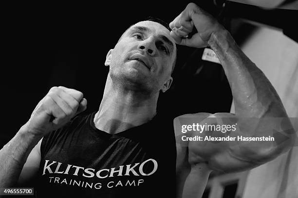 Wladimir Klitschko at the punchball during a training session at Hotel Stanglwirt on November 10, 2015 in Going, Austria. The Heavyweight title clash...