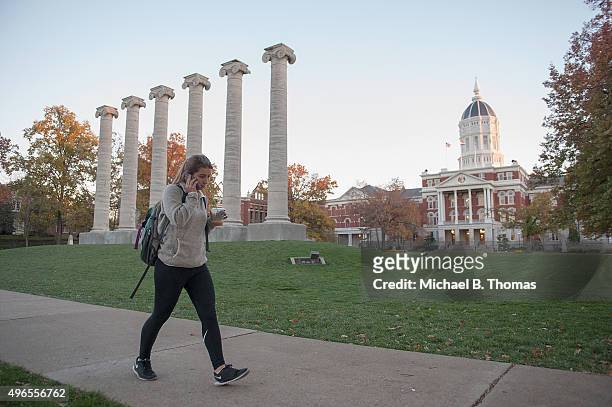 Students walk along on the campus of University of Missouri - Columbia on November 10, 2015 in Columbia, Missouri. The university looks to get things...