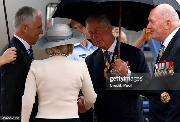 Prince Charles, Prince of Wales is greeted by Australian Prime Minister Malcolm Turnbull , his wife Lucy Turnbull and the Australian Governor General...