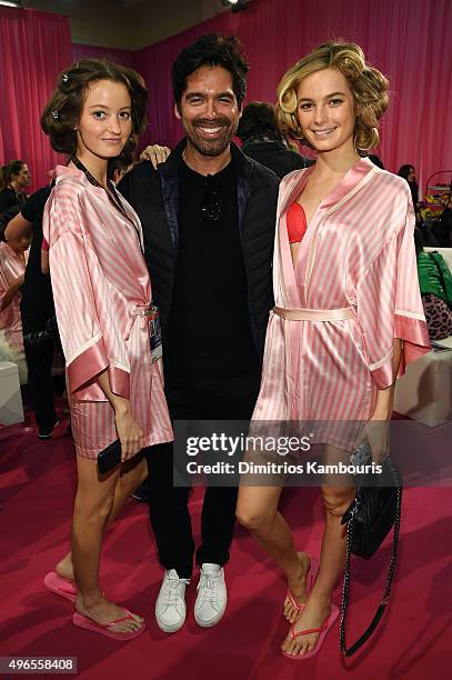 Megan Puleri, shoe designer Brian Atwood and Bridget Malcolm are seen backstage before the 2015 Victoria's Secret Fashion Show at Lexington Avenue...