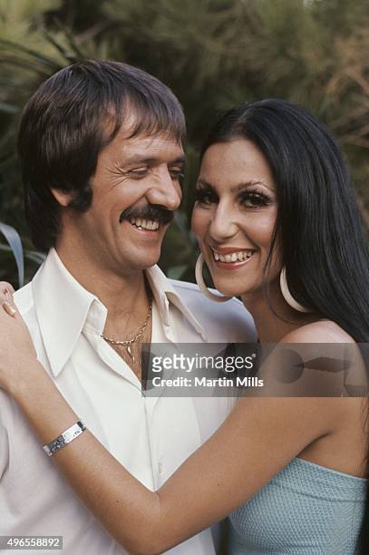 Singers and TV stars Sonny and Cher pose for a portrait at home in Beverly Hills, California.