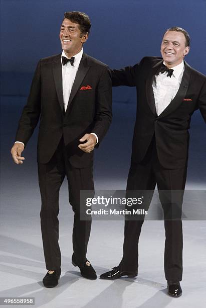 Entertainers Dean Martin and Frank Sinatra on the set of 'The Dean Martin Show' in 1967 in Los Angeles, California.