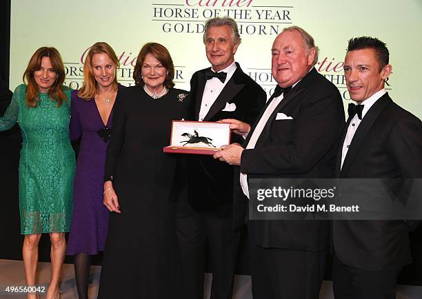 Emily Oppenheimer, Sophie Oppenheimer Lussier, Antoinette Oppenheimer, Arnaud Bamberger, Anthony Oppenheimer and Frankie Dettori celebrate "Golden...