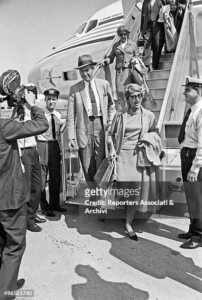 American actor James Stewart getting off the aircraft just landed at Fiumicino Airport with his wife and former American model Gloria Hatrick McLean....
