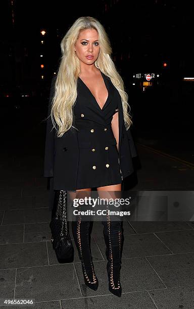 Bianca Gascoigne leaves The W Hotel following Jasmin Walia's x MissFoxy.co.uk collection preview on November 10, 2015 in London, England.