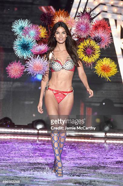 Model and Victoria's Secret Angel Lily Aldridge from California walks the runway wearing the $2 Million 2015 Fireworks Fantasy Bra by Mouawad during...