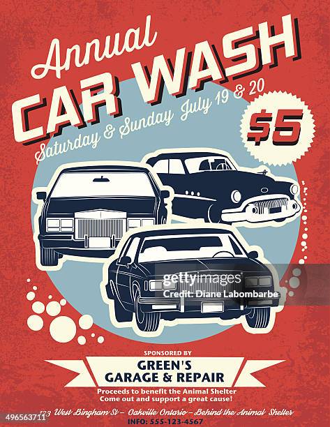 ilustrações, clipart, desenhos animados e ícones de estilo retrô car wash ad - vintage car