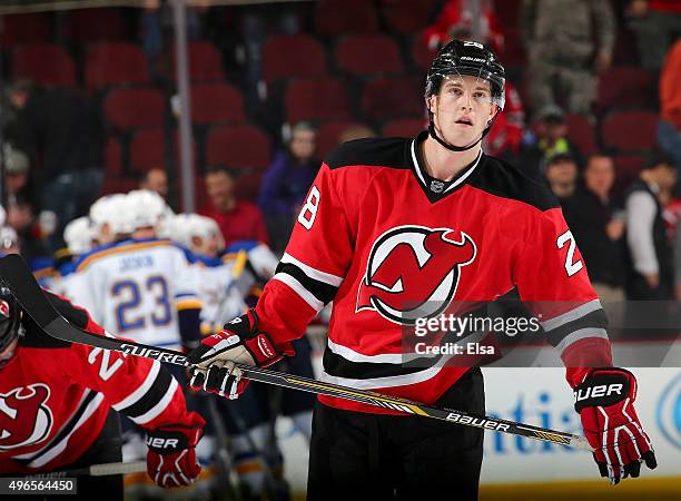 Damon Severson of the New Jersey Devils skates off the ice after the loss to the St. Louis Blues on November 10, 2015 at the Prudential Center in...