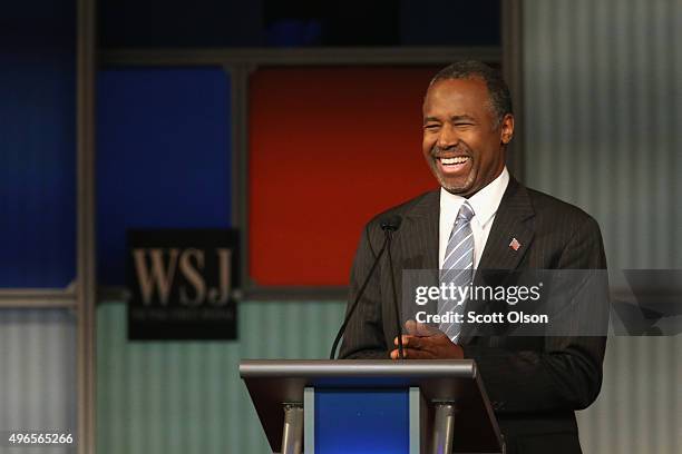 Presidential candidate Ben Carson smiles during the Republican Presidential Debate sponsored by Fox Business and the Wall Street Journal at the...