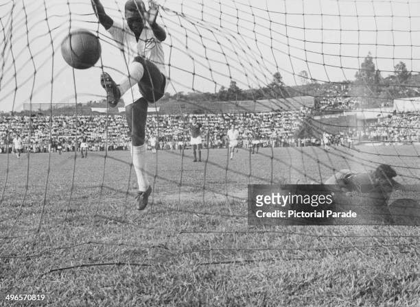 Brazilian footballer Pele in the net after scoring for Santos against Guarani FC of Campinas, 1958.