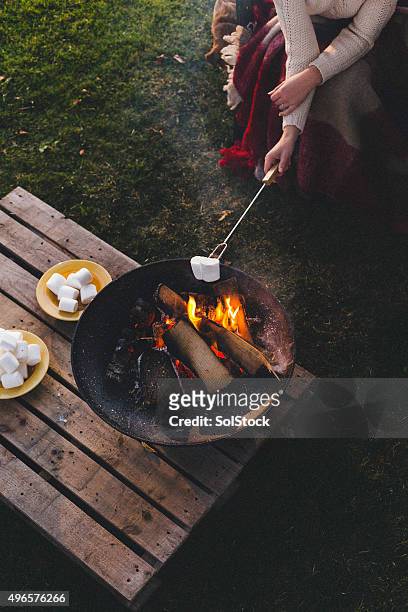 kochen marshmallows am feuer - moments daily life from above stock-fotos und bilder