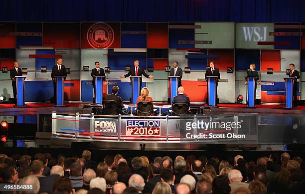 Presidential candidate Donald Trump speaks with Ohio Governor John Kasich , Jeb Bush, Sen. Marco Rubio , Ben Carson, Ted Cruz , Carly Fiorina, and...