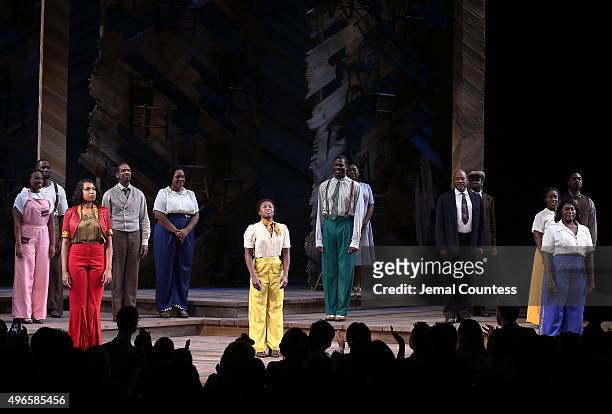 Actors Jennifer Hudson , Cynthia Erivo and Danielle Brooks join the cast of "The Color Purple" onstage during curtain call following their debut...