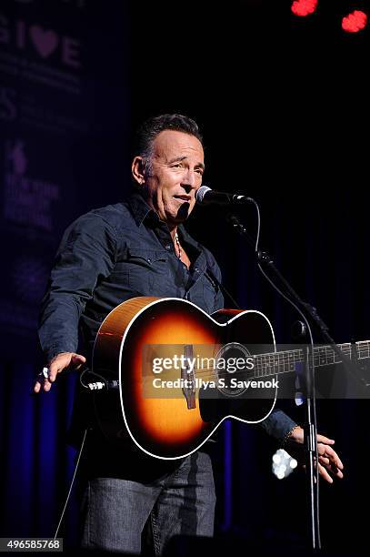 Musician Bruce Springsteen performs on stage at the New York Comedy Festival and the Bob Woodruff Foundation's 9th Annual Stand Up For Heroes Event...