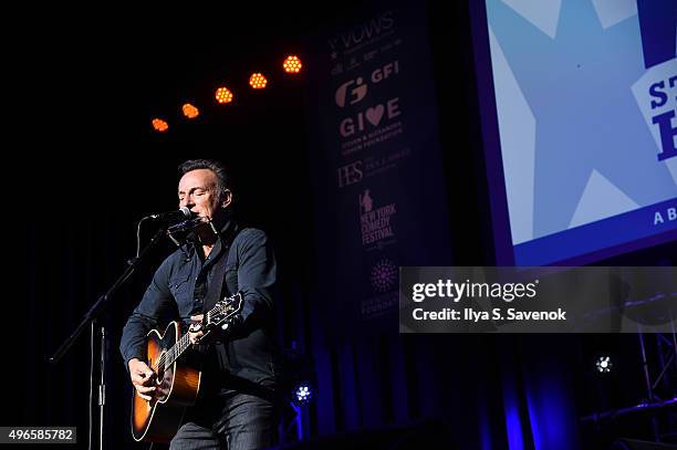 Musician Bruce Springsteen performs on stage at the New York Comedy Festival and the Bob Woodruff Foundation's 9th Annual Stand Up For Heroes Event...